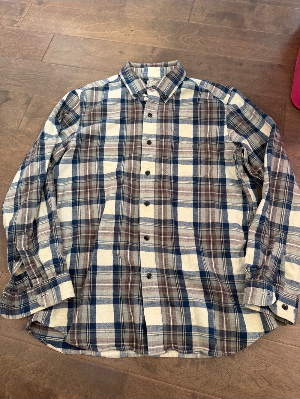 L.L. Bean Men's Plaid Button-Down Shirt in Blue, Brown, and Cream